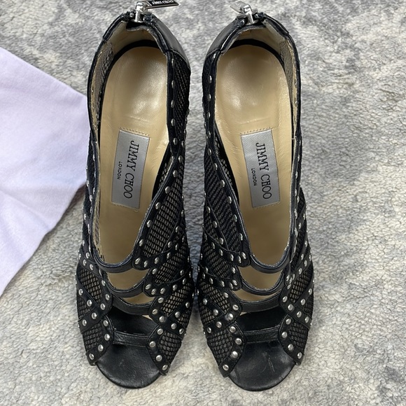 SOLD Jimmy Choo Karina Black Fishnet Studded Calf Leather Cage Heels with Box 37 - Picture 13 of 16